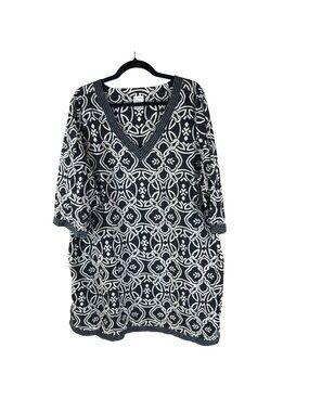 Lands End Black Geometric V Neck Dress Plus Size 3/4 Sleeve Cotton 2X